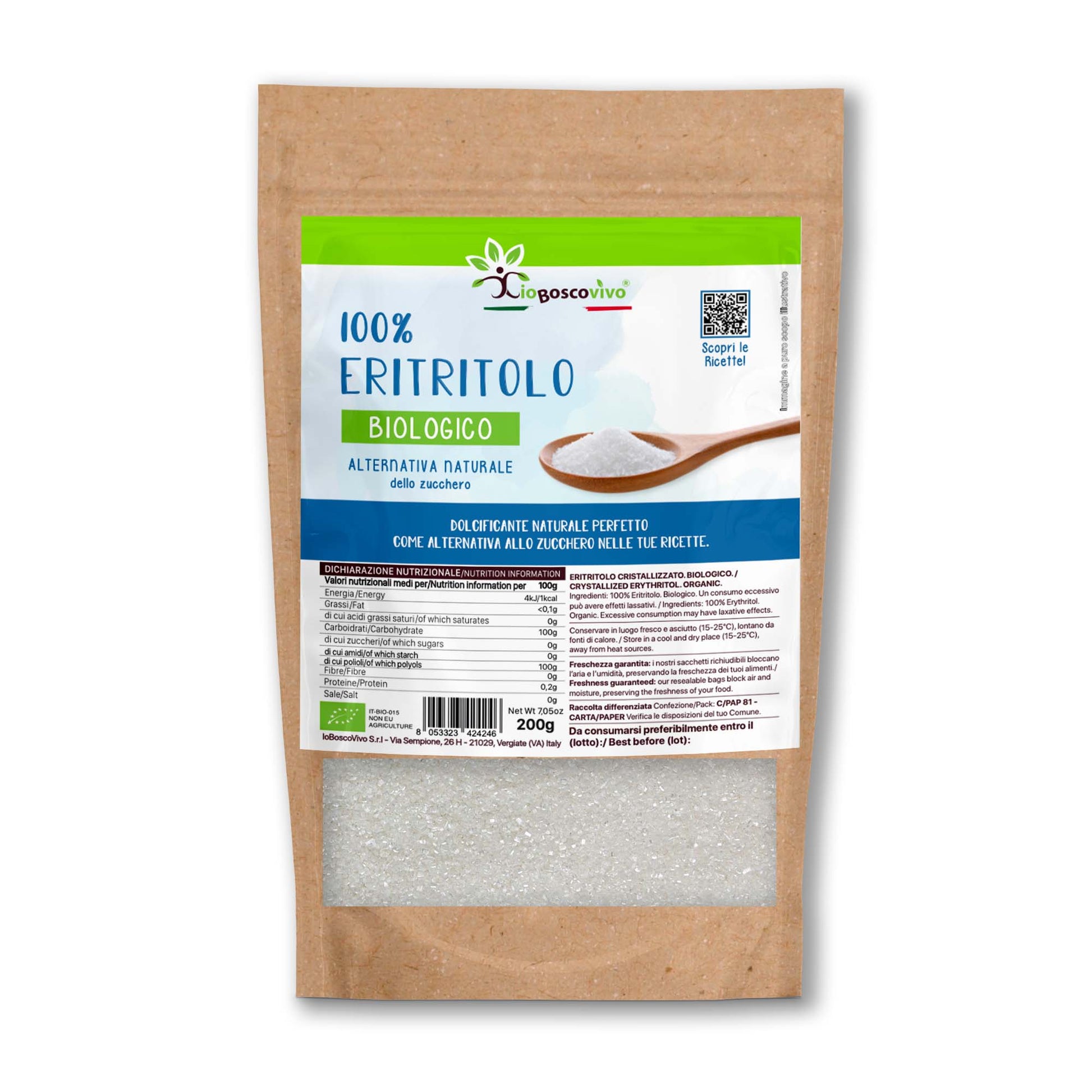 100% Eritritolo in cristalli fini BIO - 200g - Zero Calorie - Ideale per Dieta Chetogenica