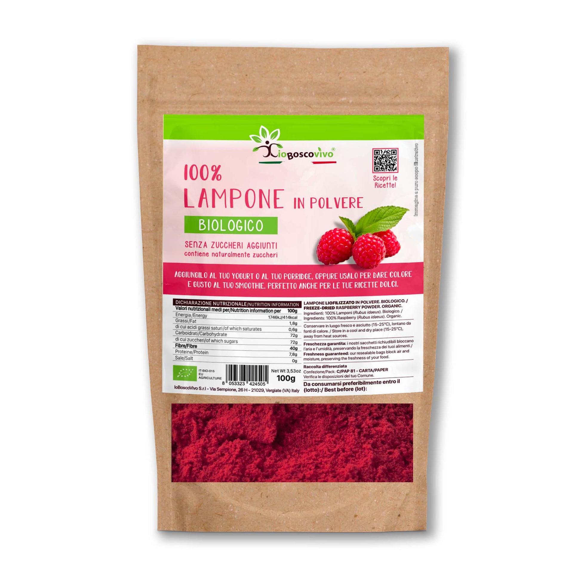 100% Lampone liofilizzato in polvere BIO - 100g Ideale per colorare le tue ricette!