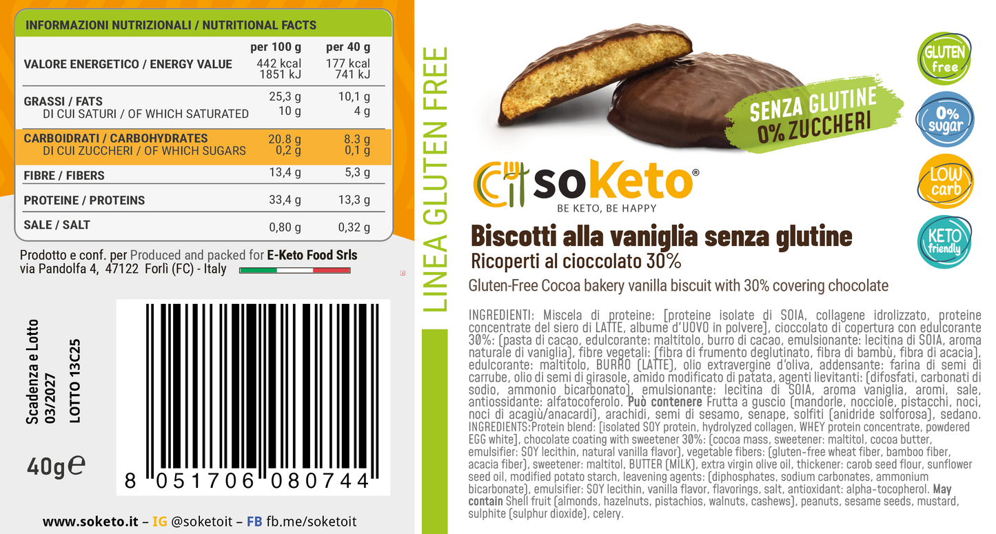 Galletas KETO SIN GLUTEN VAINILLA cubiertas de chocolate 0% azúcares