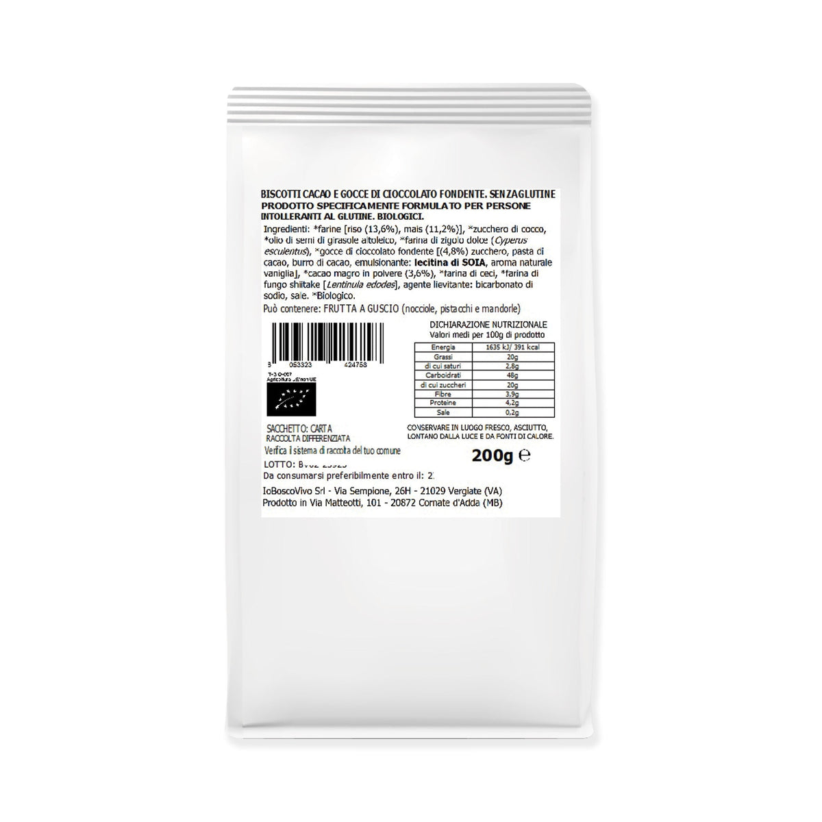 Glutenfreie Biscotti mit Kakao und BIO Zartbitterschokoladendrops 200g