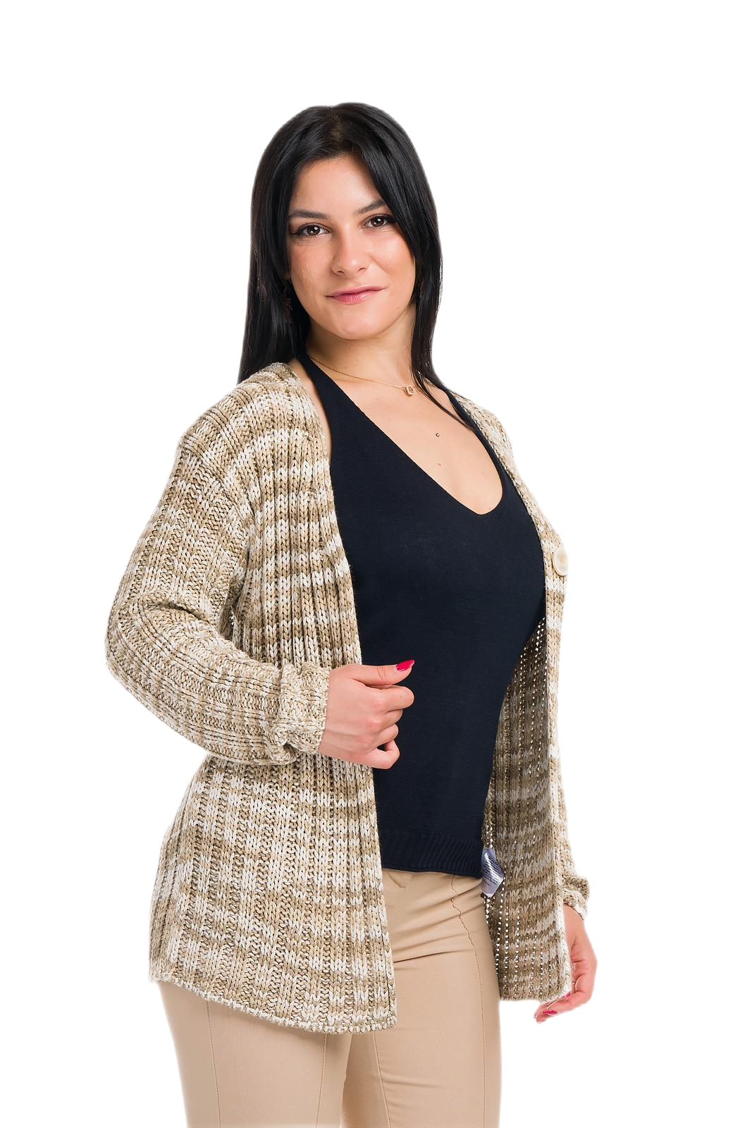 Erica: cárdigan de mujer en viscosa a canalé 2x2 con colores estampados