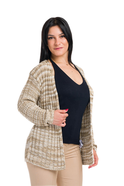 Erica: cárdigan de mujer en viscosa a canalé 2x2 con colores estampados