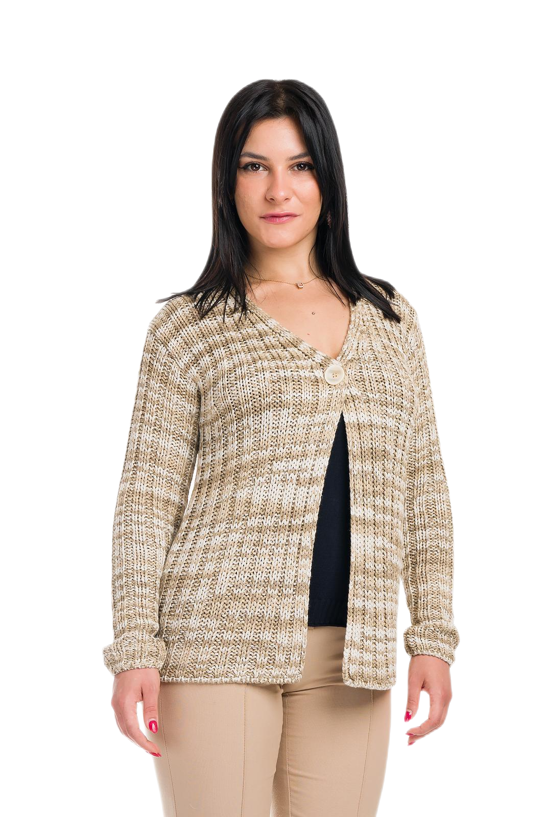 Erica: cárdigan de mujer en viscosa a canalé 2x2 con colores estampados