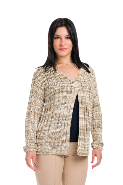 Erica: cárdigan de mujer en viscosa a canalé 2x2 con colores estampados