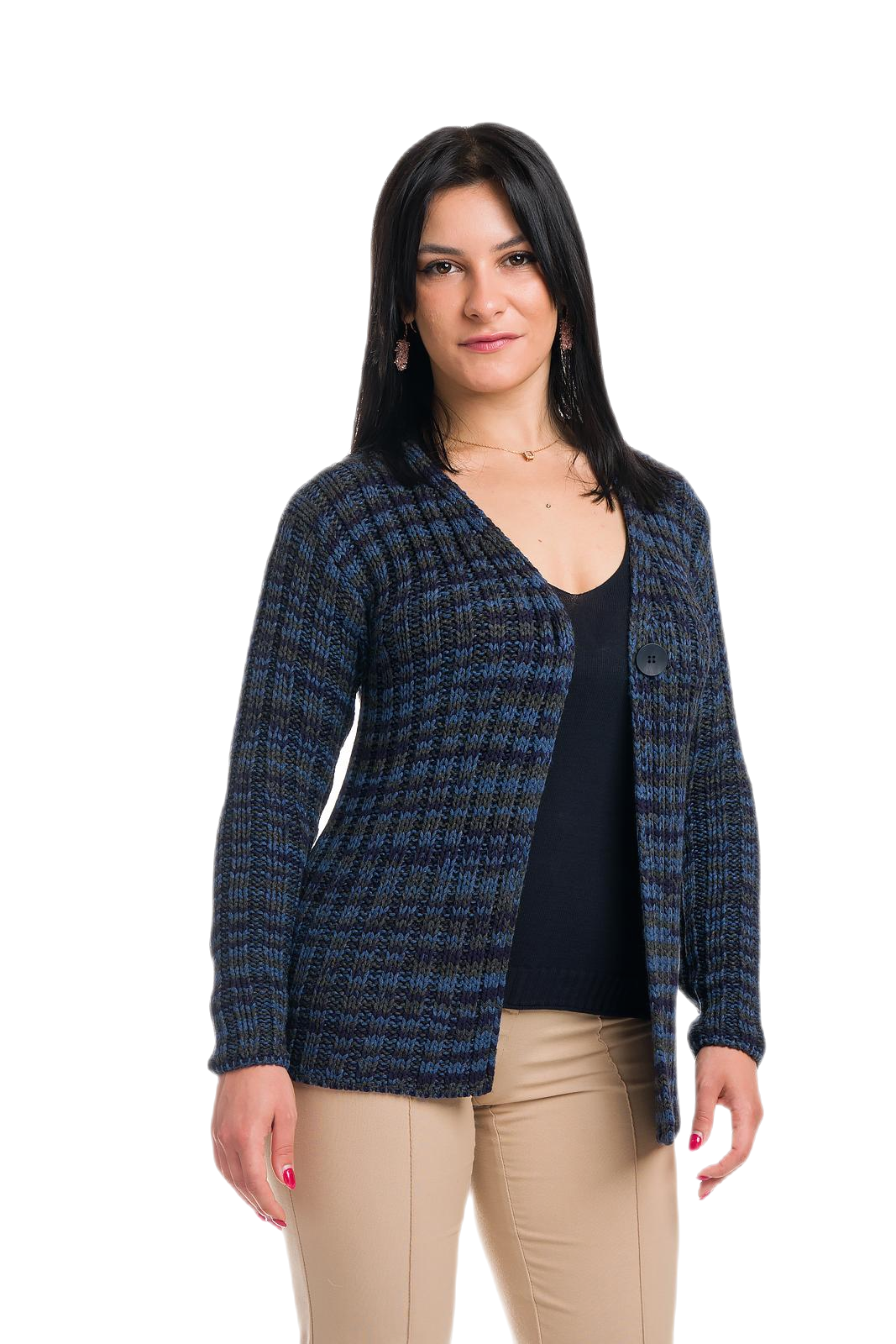 Erica: cárdigan de mujer en viscosa a canalé 2x2 con colores estampados