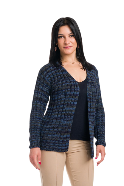 Erica: cárdigan de mujer en viscosa a canalé 2x2 con colores estampados