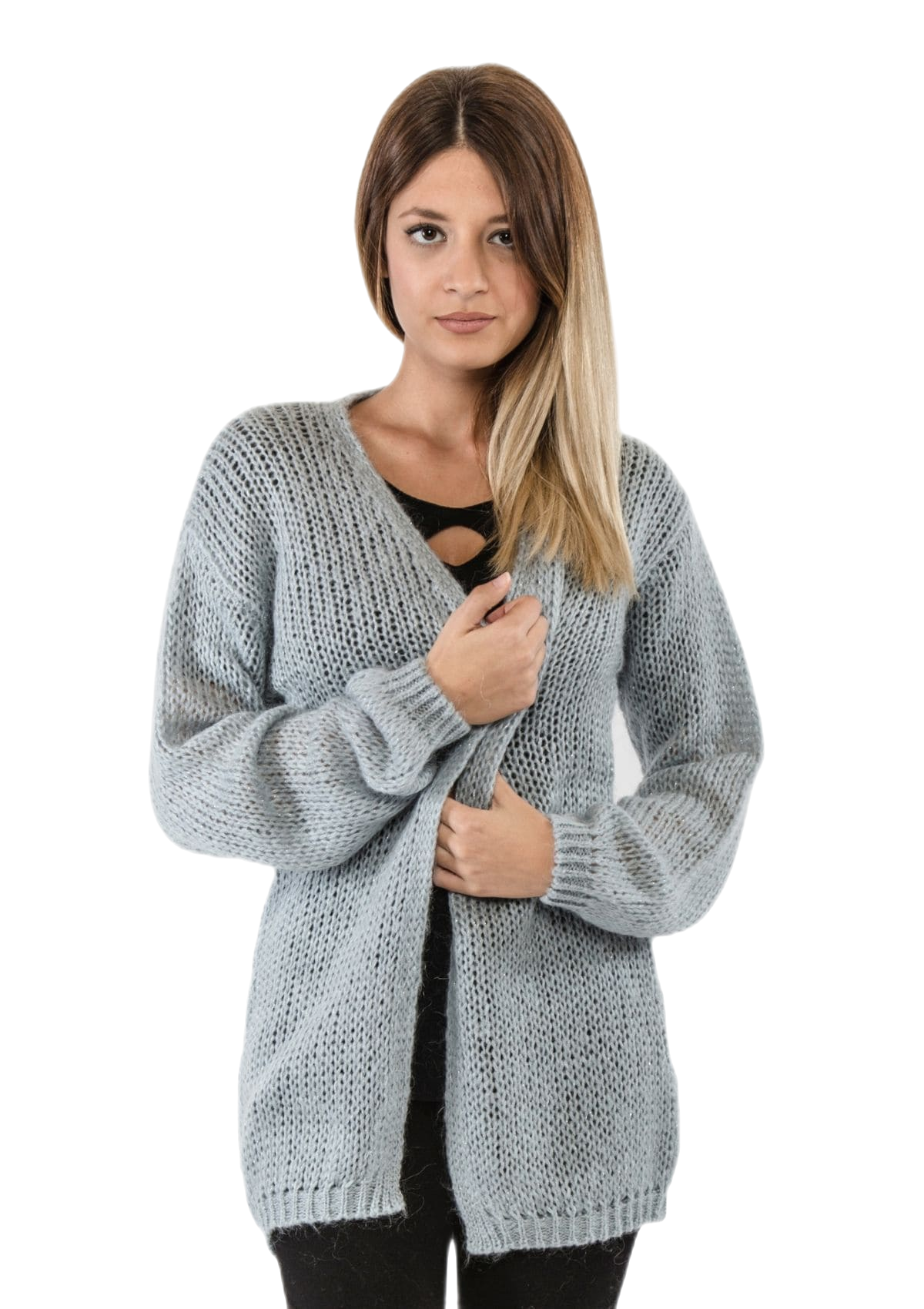 Marie Lou: cárdigan de mujer en mohair con hilos de lúrex plateado