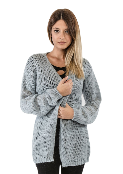 Marie Lou: cárdigan de mujer en mohair con hilos de lúrex plateado