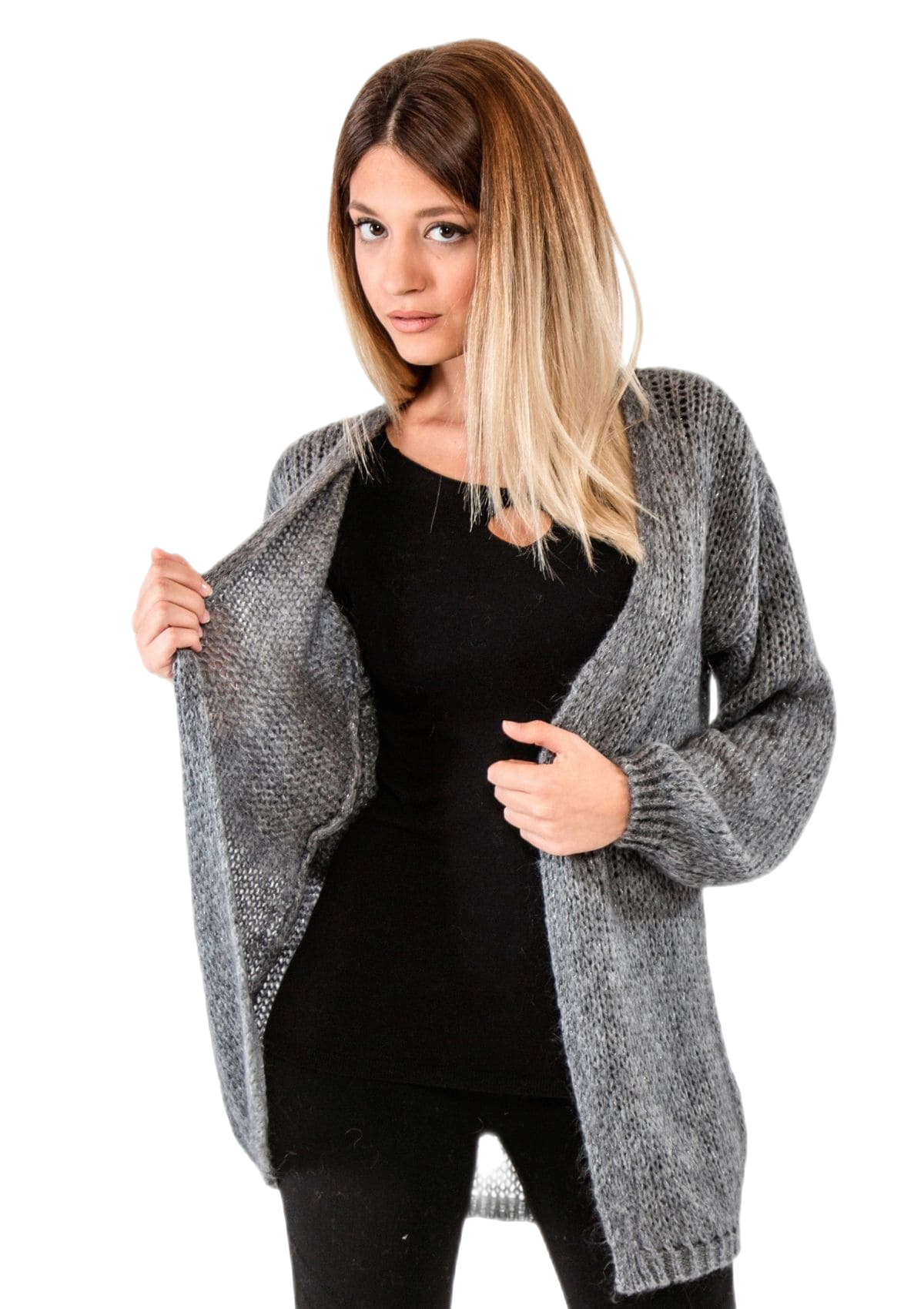 Marie Lou: cárdigan de mujer en mohair con hilos de lúrex plateado