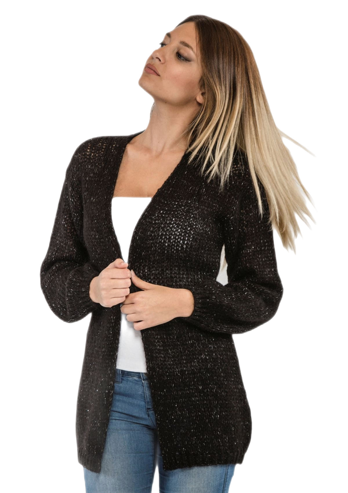 Marie Lou: cárdigan de mujer en mohair con hilos de lúrex plateado