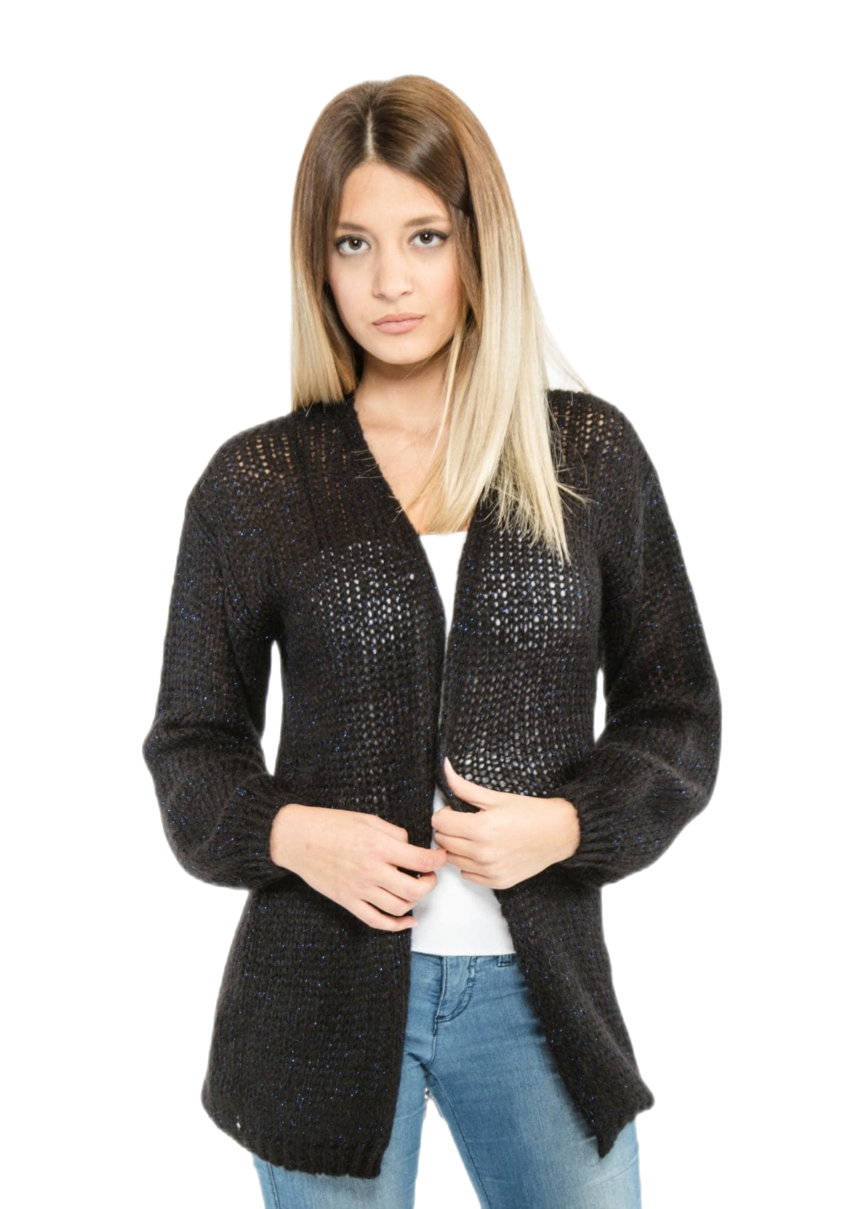Marie Lou: cárdigan de mujer en mohair con hilos de lúrex plateado