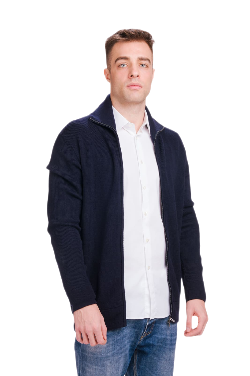 Alexander: cardigã masculino gola alta em lã merino