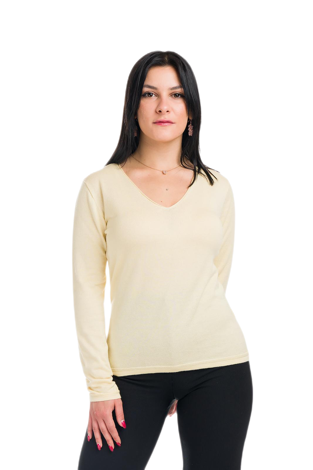 Elodì: camiseta de mujer con escote en V en algodón makò y cachemira