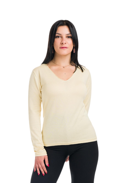 Elodì: camiseta de mujer con escote en V en algodón makò y cachemira