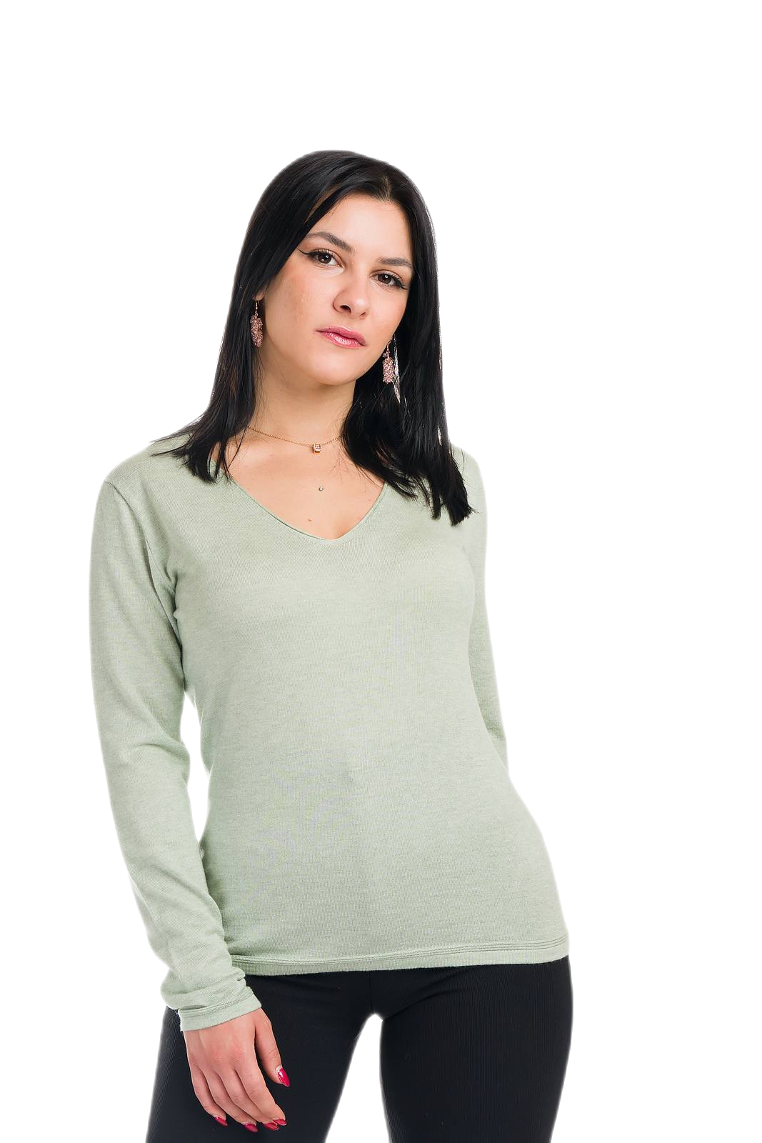 Elodì: camiseta de mujer con escote en V en algodón makò y cachemira