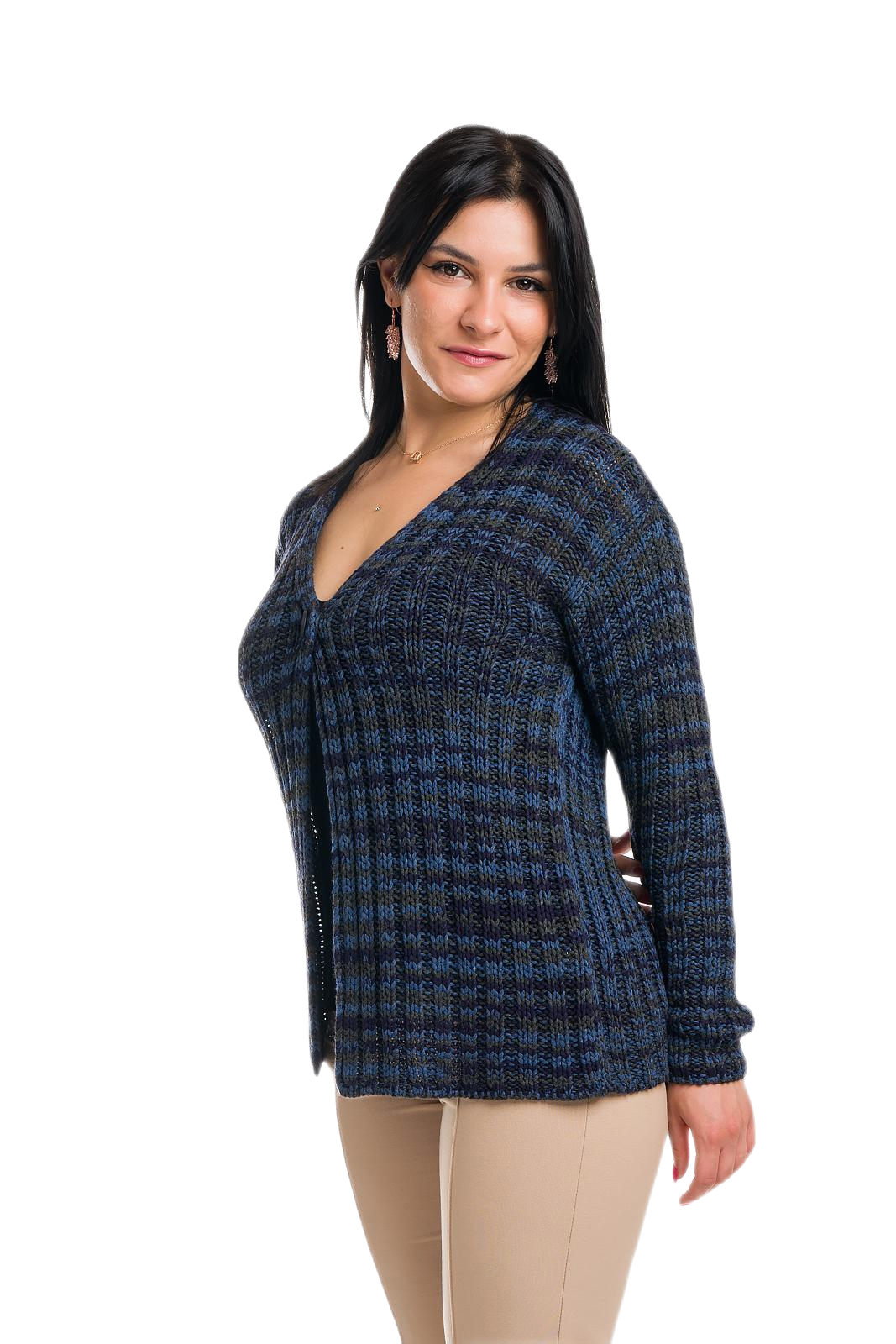 Erica: cárdigan de mujer en viscosa a canalé 2x2 con colores estampados