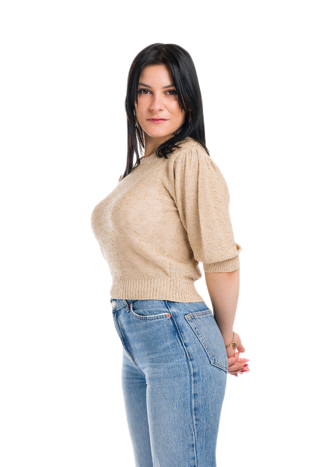Jessica: camiseta de mujer de cuello redondo con mangas abullonadas e inserciones de encaje