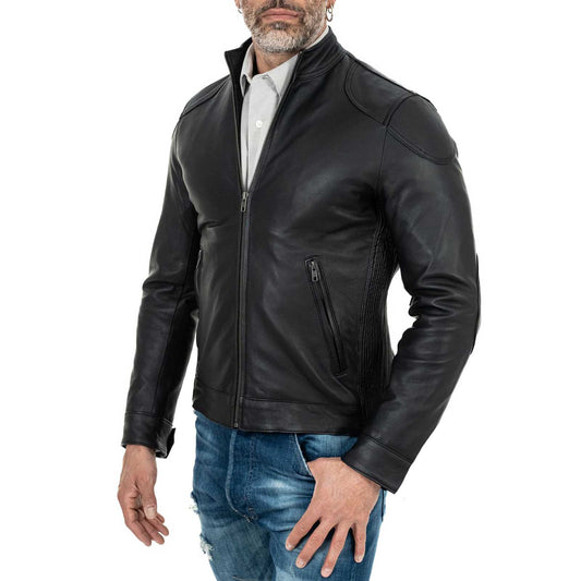 Schwarze Bikerjacke aus echtem Leder für Herren, Slim Fit, Schulterdetails, Rindway