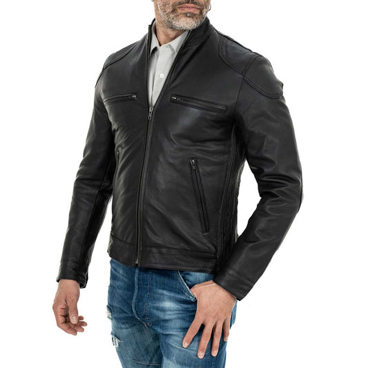 Schwarze Bikerjacke aus echtem Leder für Herren, Slim Fit, vier Taschen, Rindway