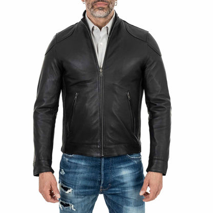 Schwarze Bikerjacke aus echtem Leder für Herren, Slim Fit, Schulterdetails, Rindway