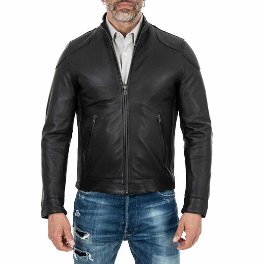 Schwarze Bikerjacke aus echtem Leder für Herren, Slim Fit, Schulterdetails, Rindway