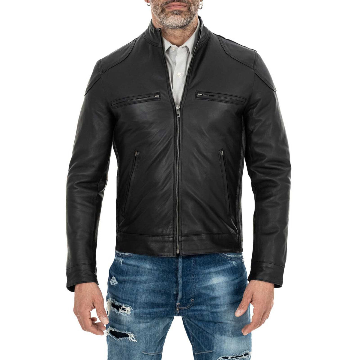 Schwarze Bikerjacke aus echtem Leder für Herren, Slim Fit, vier Taschen, Rindway