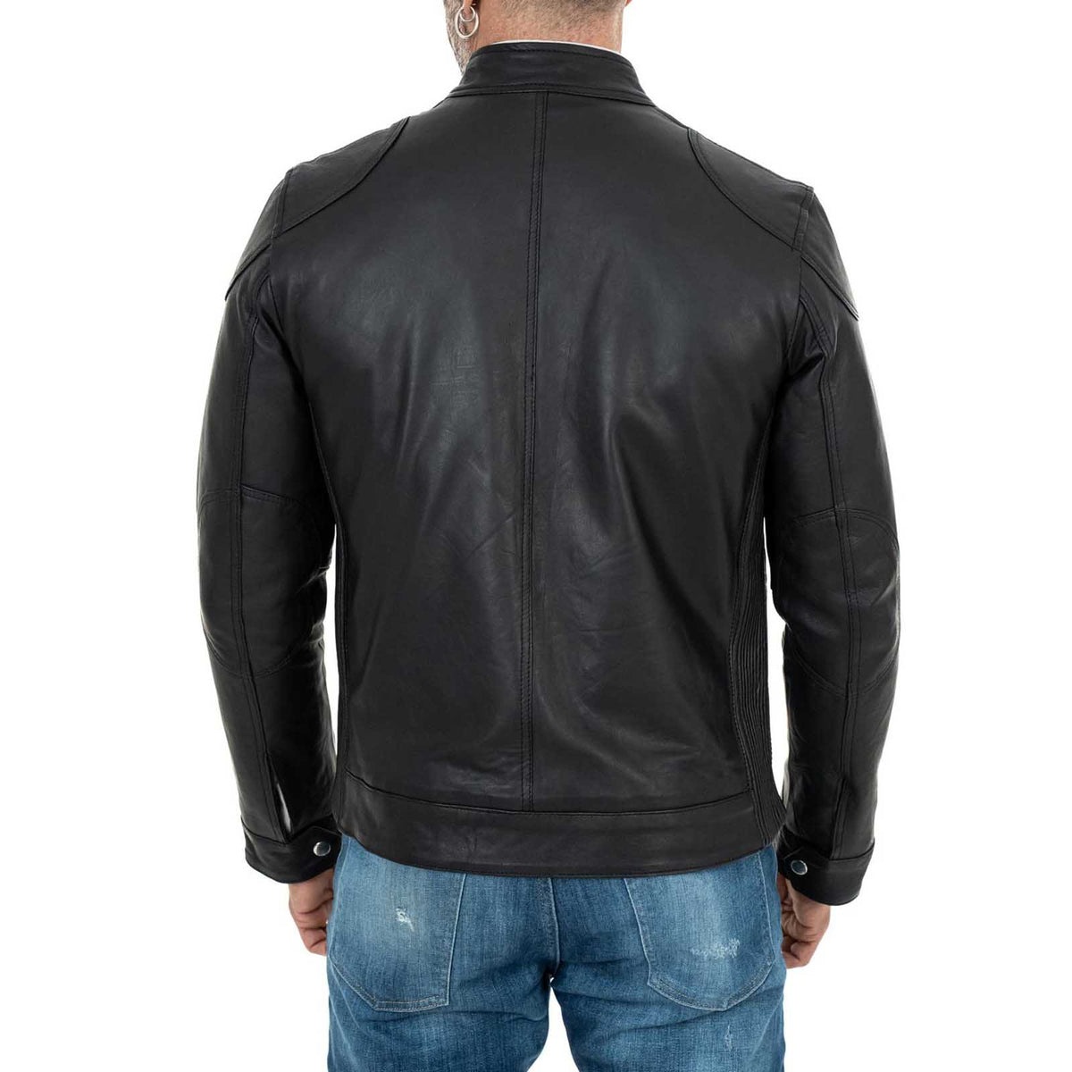 Schwarze Bikerjacke aus echtem Leder für Herren, Slim Fit, vier Taschen, Rindway