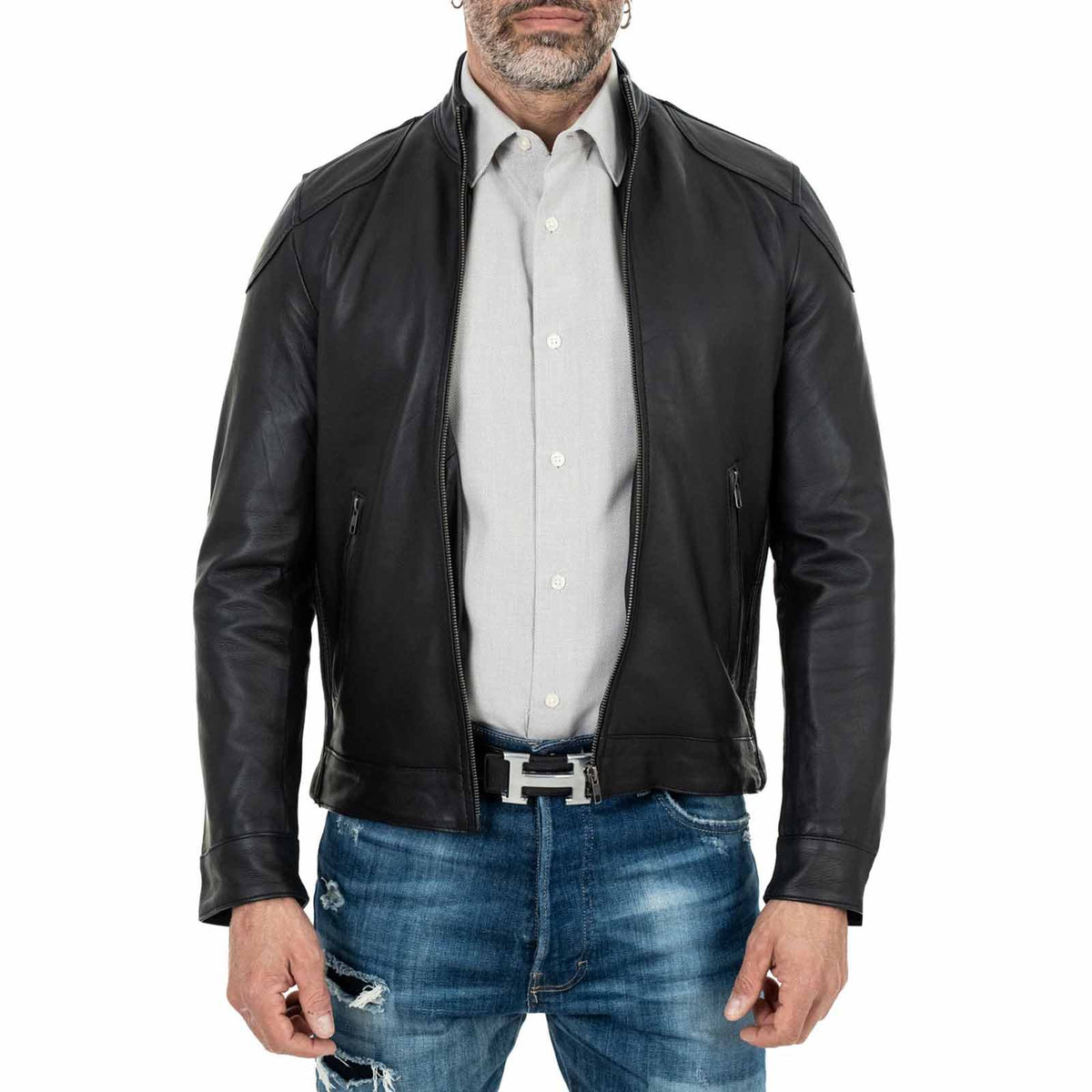 Schwarze Bikerjacke aus echtem Leder für Herren, Slim Fit, Schulterdetails, Rindway