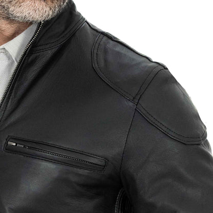Schwarze Bikerjacke aus echtem Leder für Herren, Slim Fit, vier Taschen, Rindway