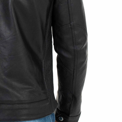 Schwarze Bikerjacke aus echtem Leder für Herren, Slim Fit, vier Taschen, Rindway