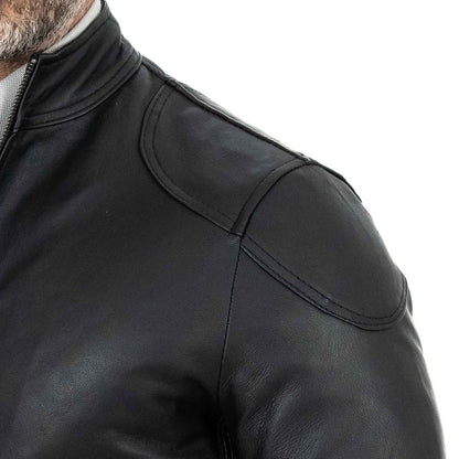 Schwarze Bikerjacke aus echtem Leder für Herren, Slim Fit, Schulterdetails, Rindway