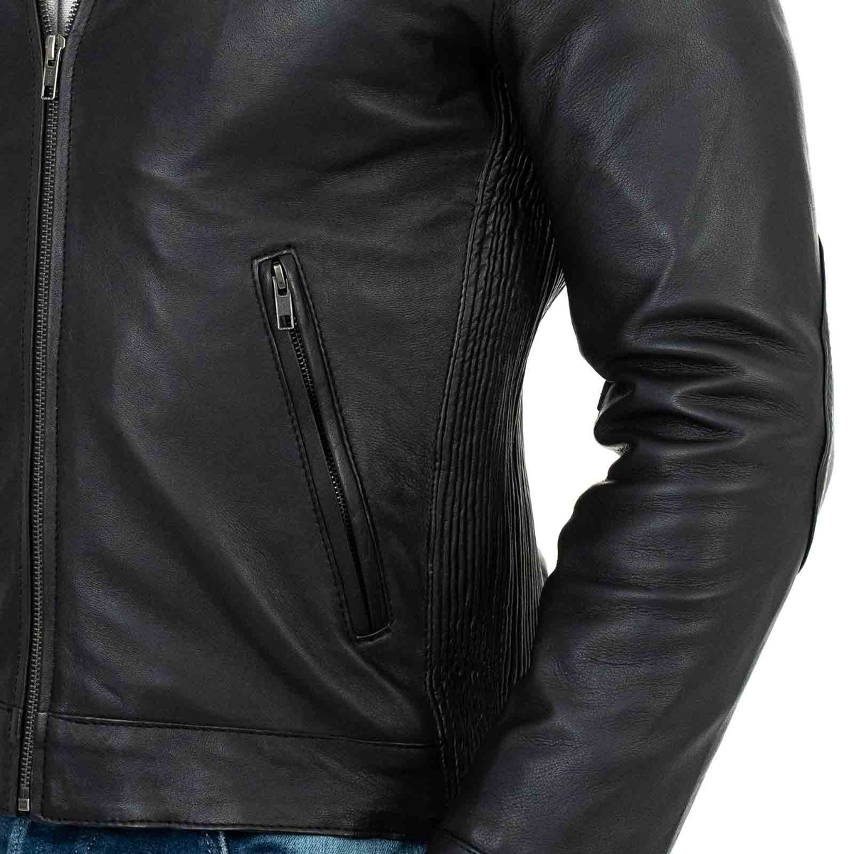 Schwarze Bikerjacke aus echtem Leder für Herren, Slim Fit, Schulterdetails, Rindway