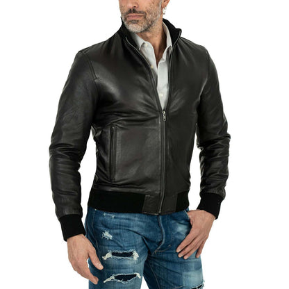 Jaqueta bomber masculina slim de couro legítimo preta com bolsos com zíper Rindway
