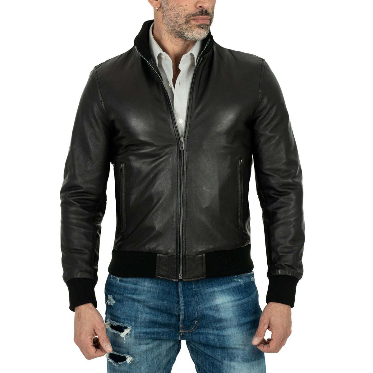 Jaqueta bomber masculina slim de couro legítimo preta com bolsos com zíper Rindway