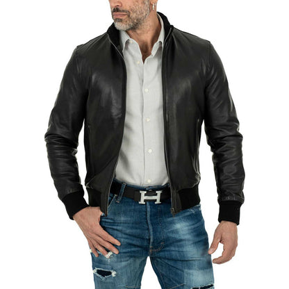 Jaqueta bomber masculina slim de couro legítimo preta com bolsos com zíper Rindway