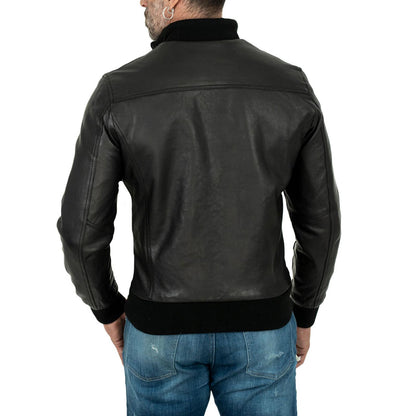 Jaqueta bomber masculina slim de couro legítimo preta com bolsos com zíper Rindway