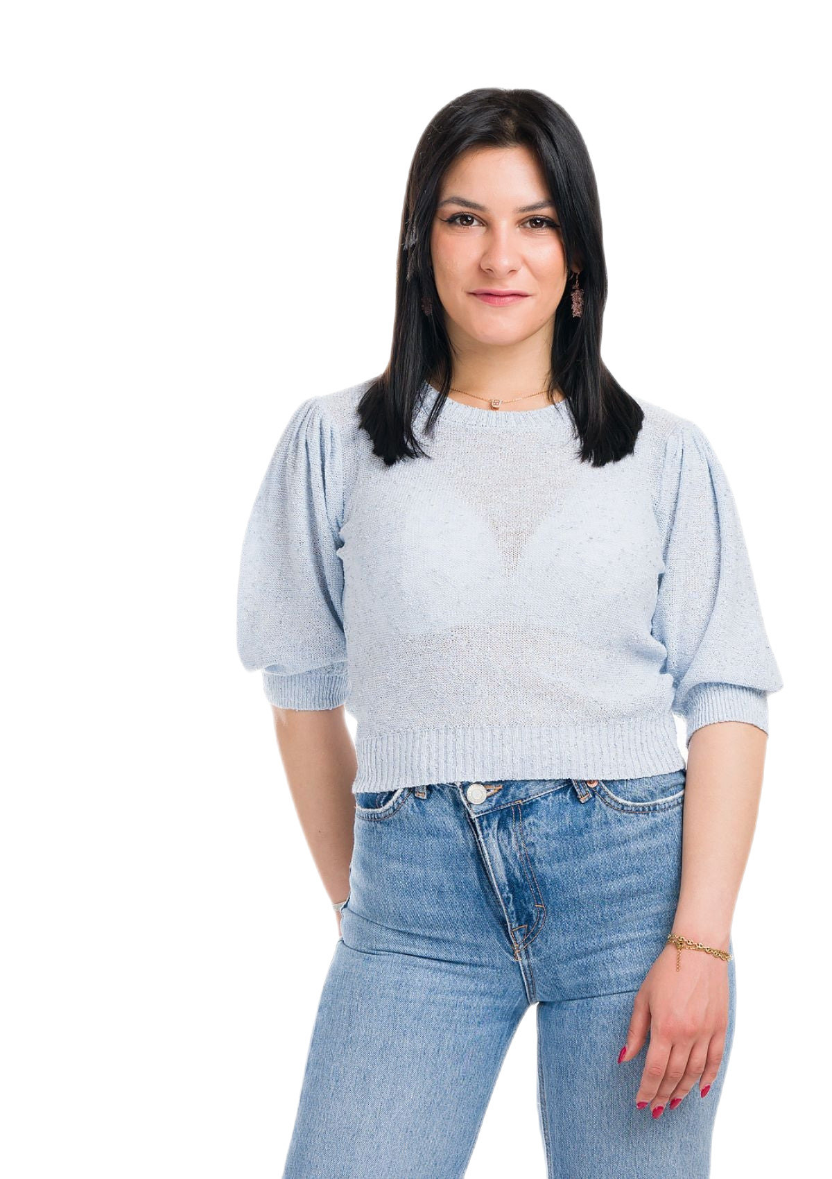 Jessica: camiseta de mujer de cuello redondo con mangas abullonadas e inserciones de encaje