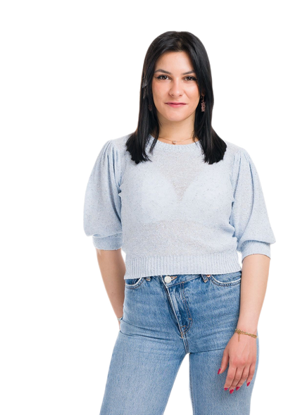Jessica: camiseta de mujer de cuello redondo con mangas abullonadas e inserciones de encaje