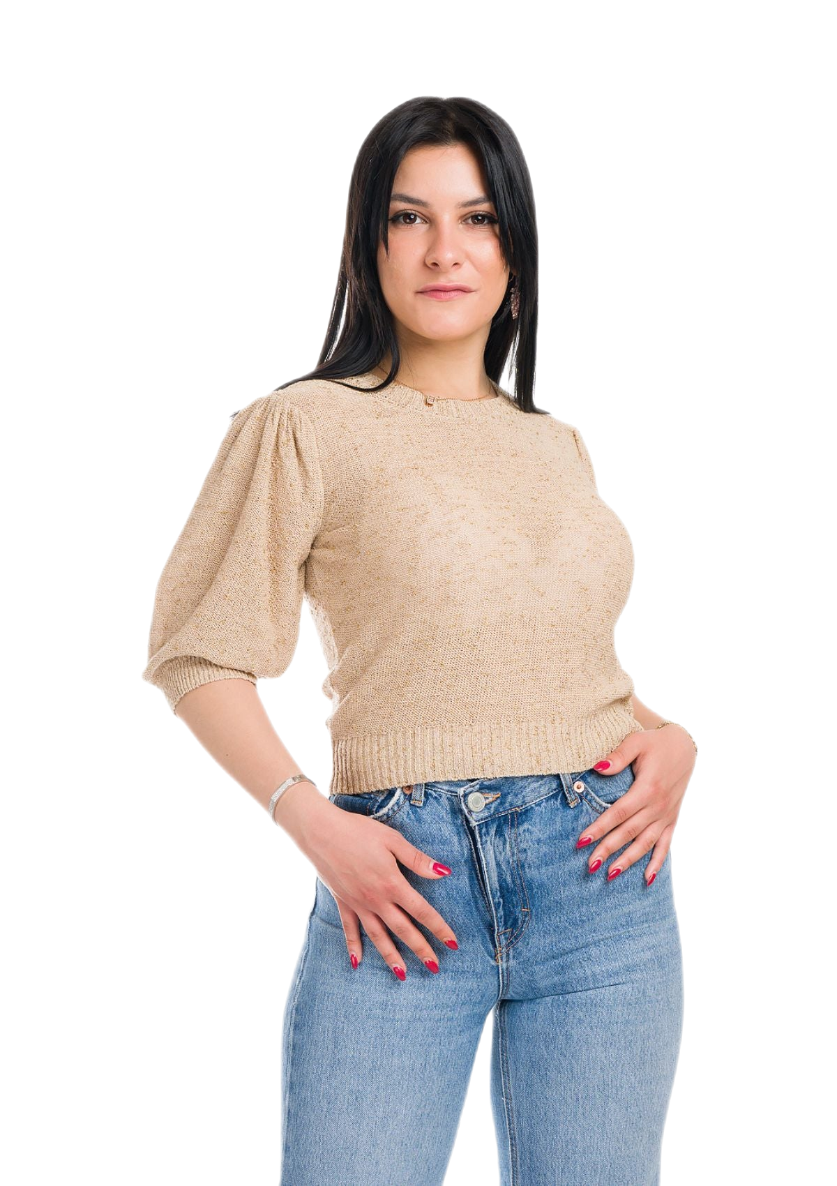 Jessica: camiseta de mujer de cuello redondo con mangas abullonadas e inserciones de encaje