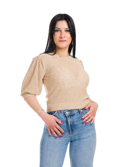 Jessica: camiseta de mujer de cuello redondo con mangas abullonadas e inserciones de encaje