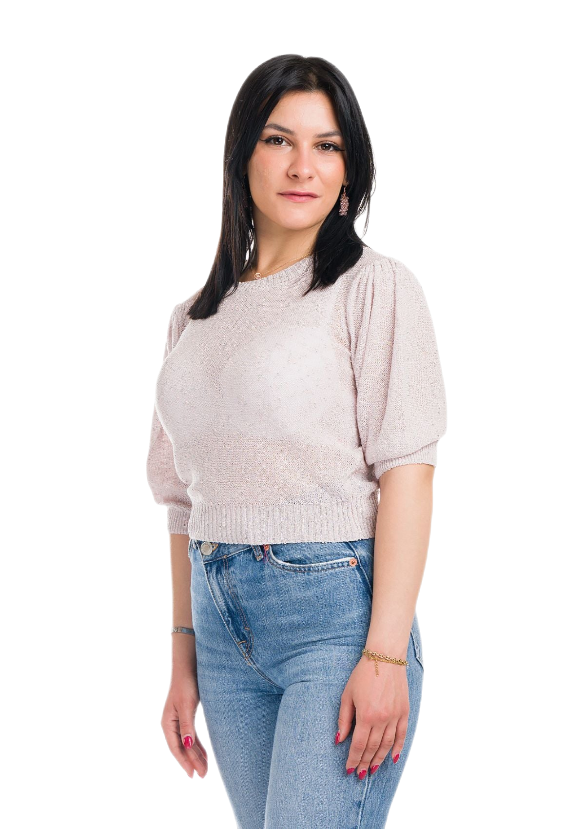 Jessica: camiseta de mujer de cuello redondo con mangas abullonadas e inserciones de encaje