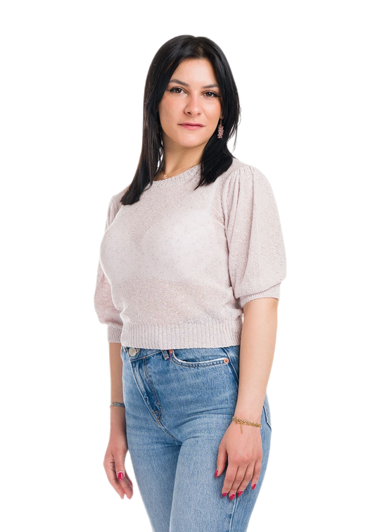 Jessica: camiseta de mujer de cuello redondo con mangas abullonadas e inserciones de encaje
