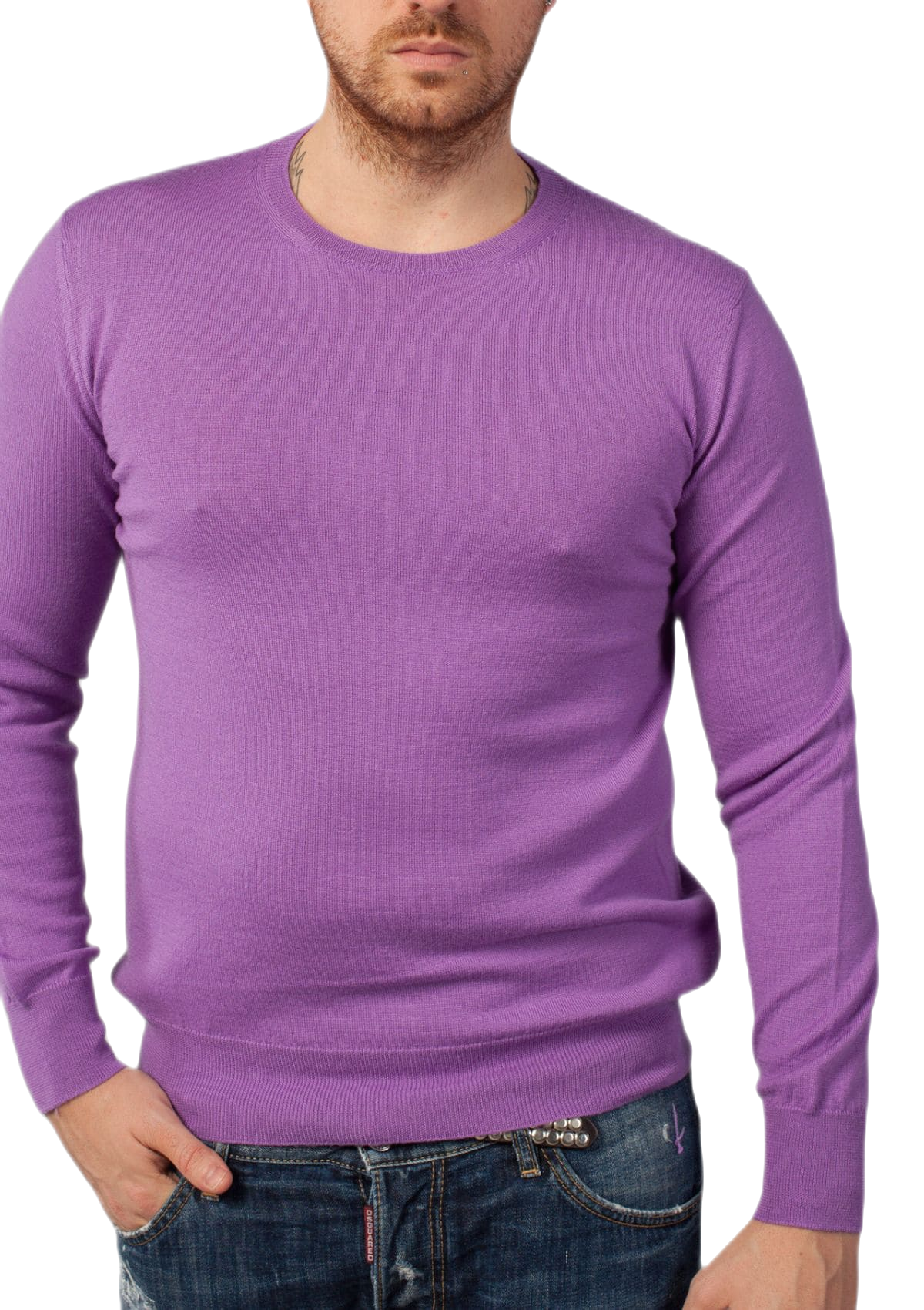G MAN Pullover: camiseta clásica de hombre de cuello redondo en lana virgen merino