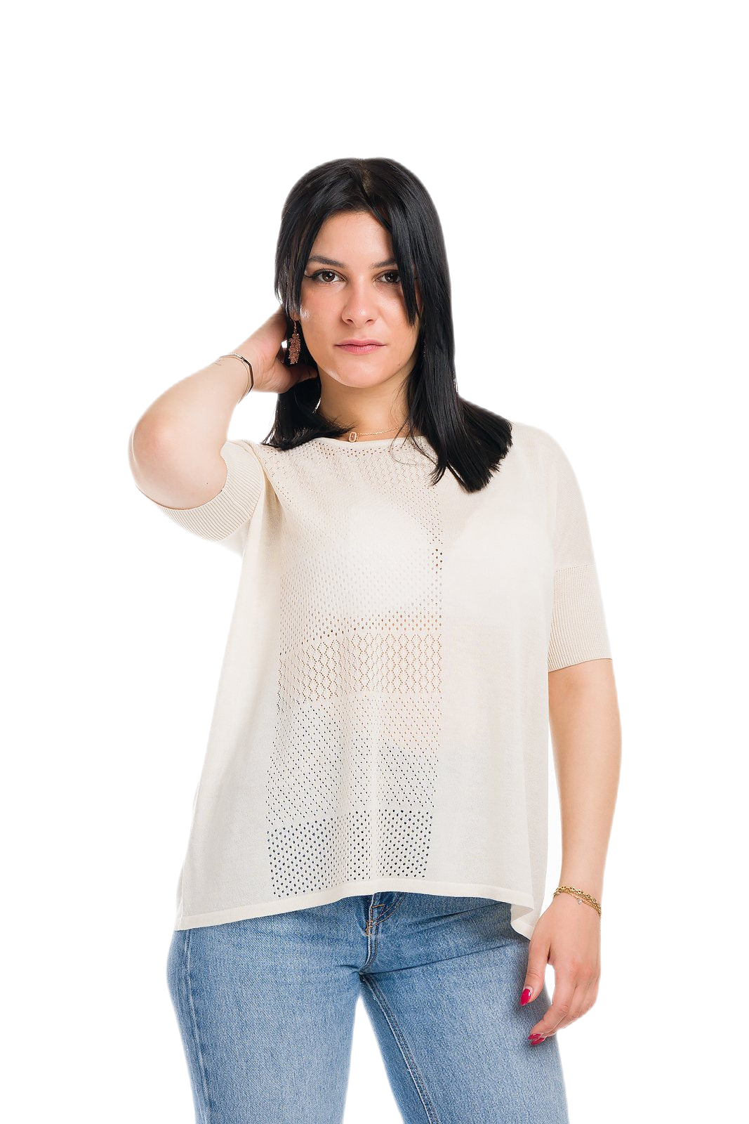 Mafalda: maxi camiseta de mujer de cuello redondo en viscosa con motivo punzonado