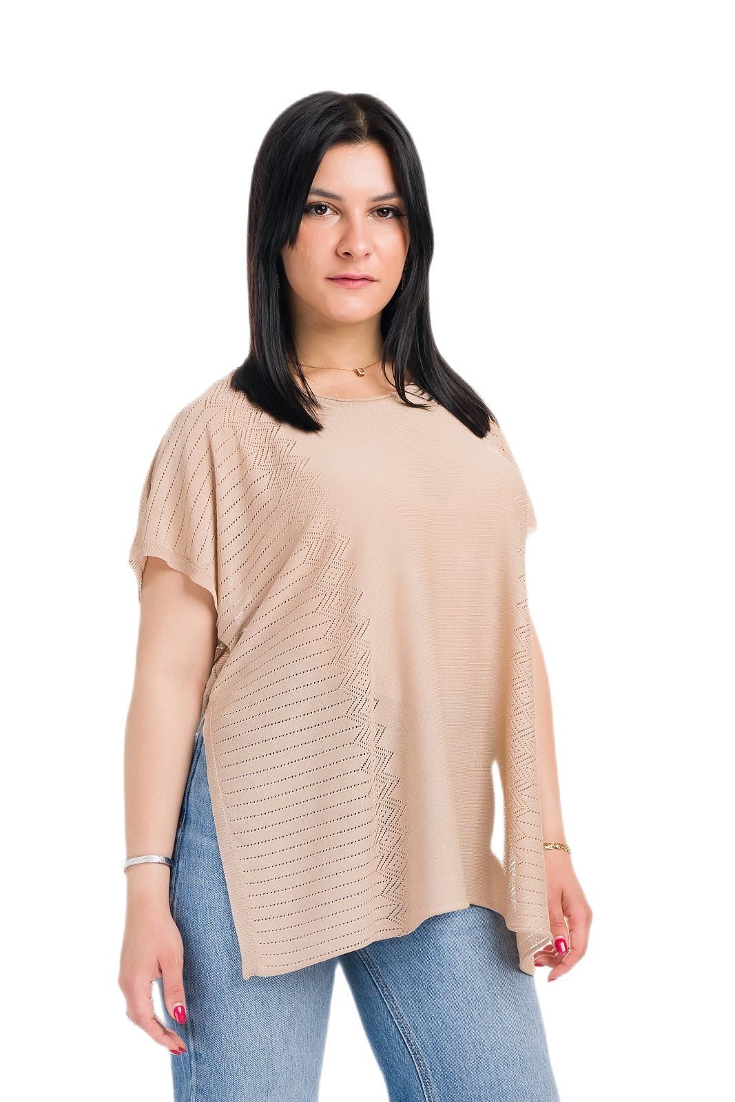 Kate: maxi camiseta de mujer de cuello redondo en viscosa con transparencias y aberturas