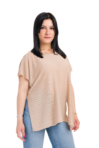 Kate: maxi camiseta de mujer de cuello redondo en viscosa con transparencias y aberturas