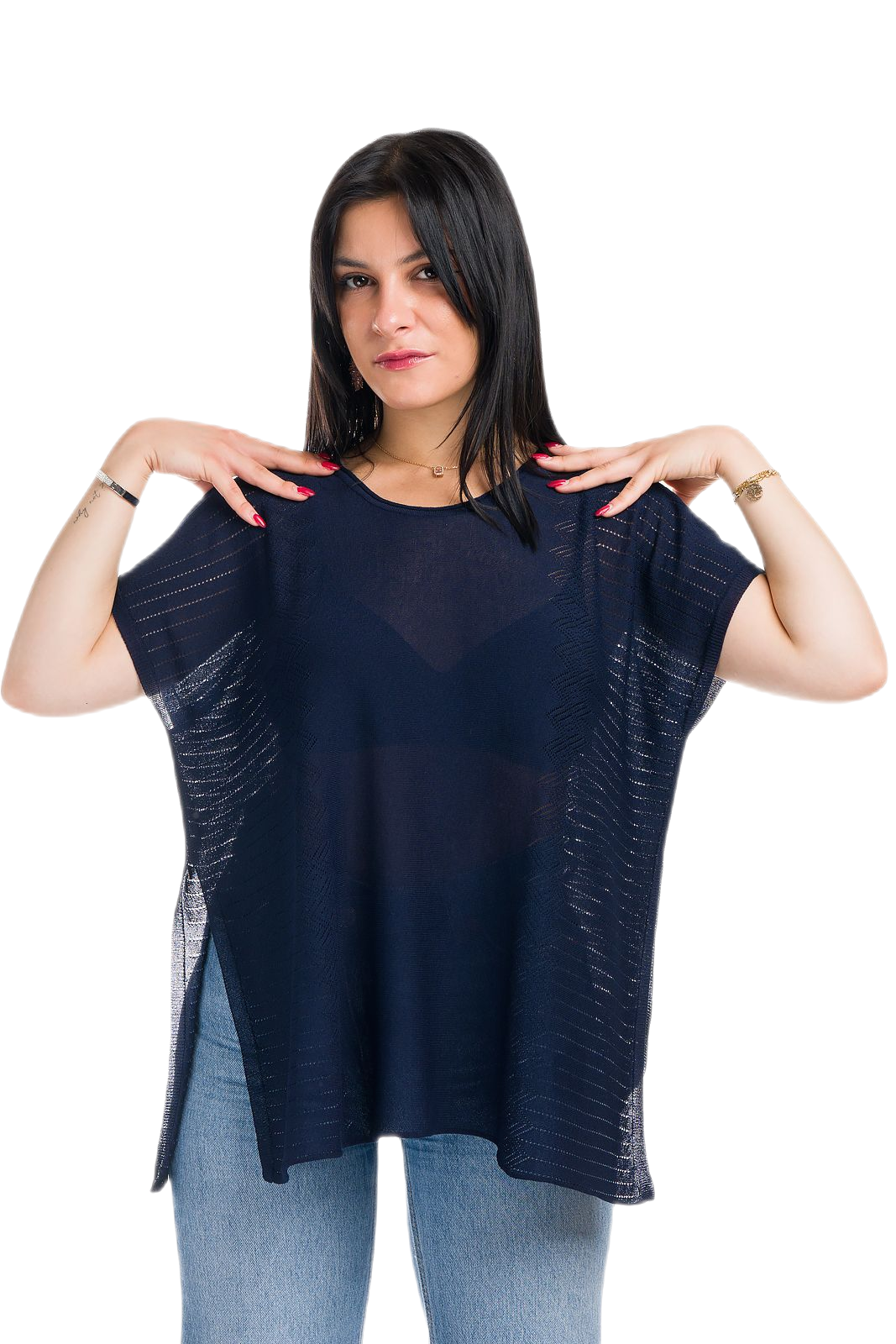 Kate: maxi camiseta de mujer de cuello redondo en viscosa con transparencias y aberturas