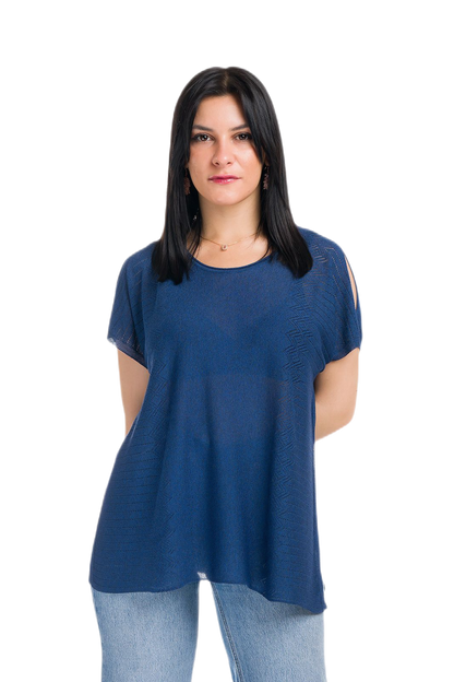 Kate: maxi camiseta de mujer de cuello redondo en viscosa con transparencias y aberturas