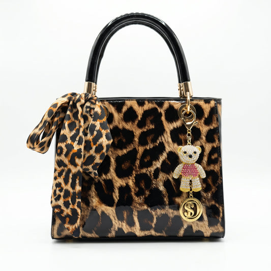 Milano Animal-Print Handbag with Scarf and Teddy Bear Charm