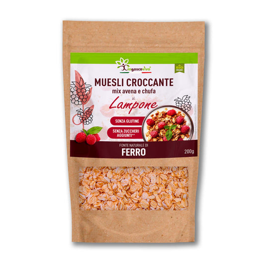 Crunchy Organic Muesli with Oats, Chufa and Raspberry, Gluten Free 200g - New version!